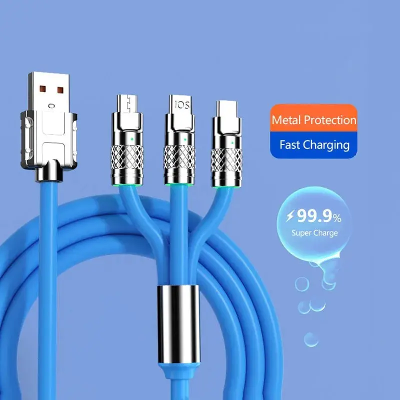 3 in 1 120W Metal Super Fast Charging Cable USB to Type C Micro 6A Fast Charging Data Line USB Silicone Quick Charge Cable