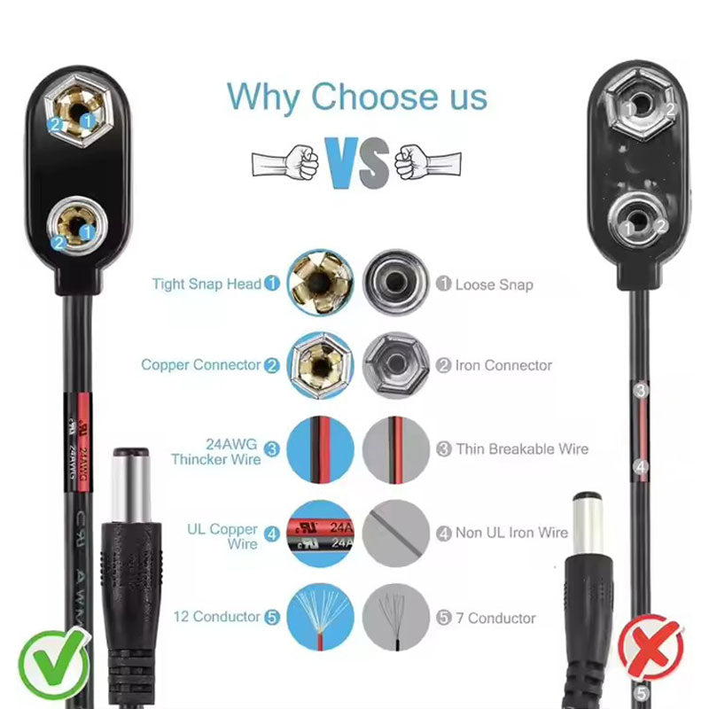 Low voltage copper rechargeable battery snaps to DC male 2.1 5.5mm converter power adapter cable