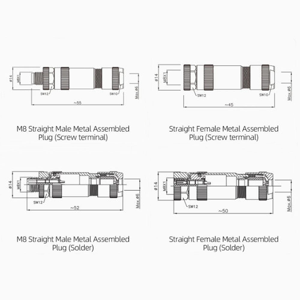 M8 Metal Waterproof Connector Solder Screw Straight Male and Female Crimp Terminal Aviation Plug