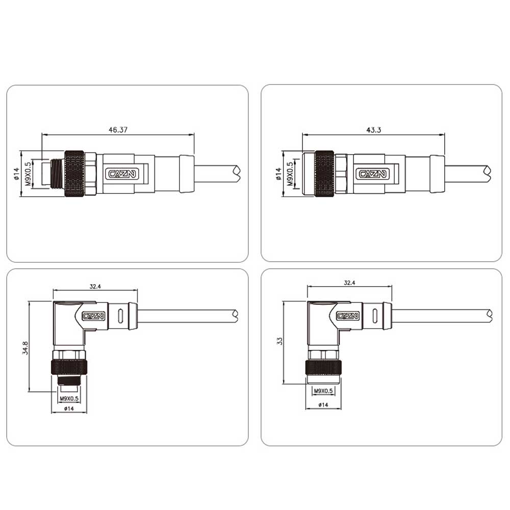 M9 Male 90° Right Angle Wire Connector 4-Pin Industrial Waterproof Cable Assembly