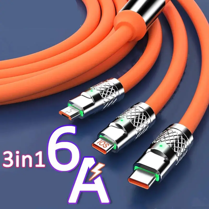 3 in 1 120W Metal Super Fast Charging Cable USB to Type C Micro 6A Fast Charging Data Line USB Silicone Quick Charge Cable