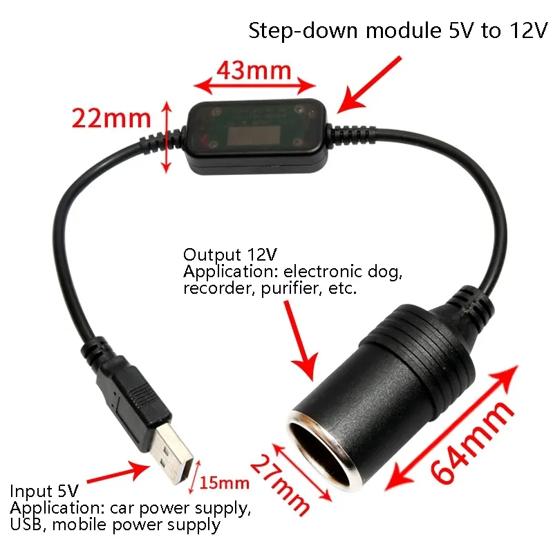 Best Selling Car Driving Recorder Mobile Power Cable 5V to 12V USB To Cigarette Lighter Socket Female Head Adapter Cable