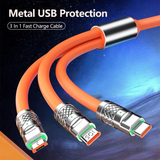 3 in 1 120W Metal Super Fast Charging Cable USB to Type C Micro 6A Fast Charging Data Line USB Silicone Quick Charge Cable
