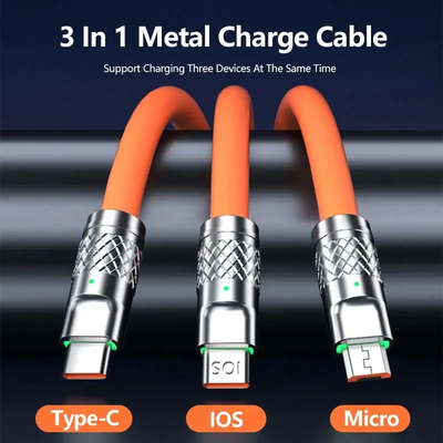 3 in 1 120W Metal Super Fast Charging Cable USB to Type C Micro 6A Fast Charging Data Line USB Silicone Quick Charge Cable