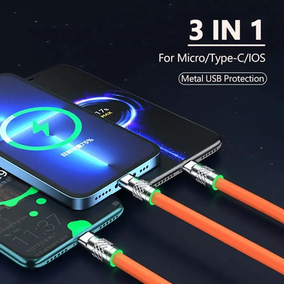 3 in 1 120W Metal Super Fast Charging Cable USB to Type C Micro 6A Fast Charging Data Line USB Silicone Quick Charge Cable