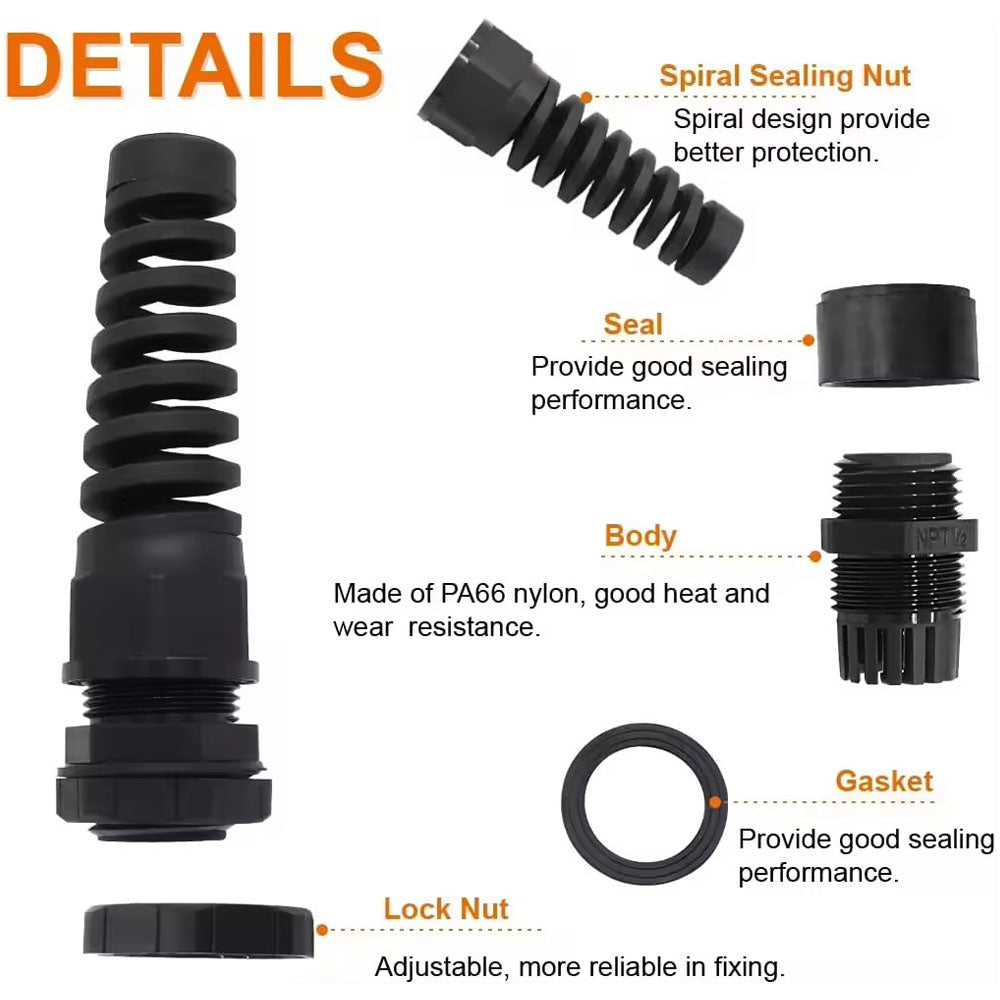 PG7 PG9 PG11 IP68 Waterproof Nylon Cable Joints Strain Relief Flex Spiral Cable Glands