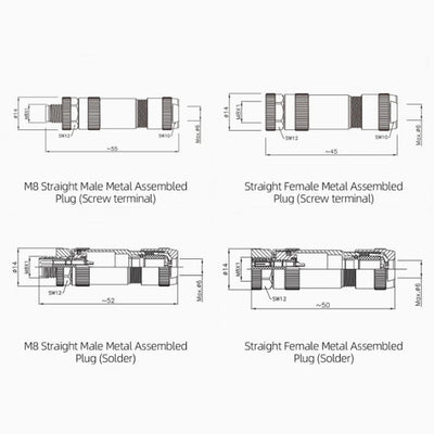 M8 Metal Waterproof Connector Solder Screw Straight Male and Female Crimp Terminal Aviation Plug