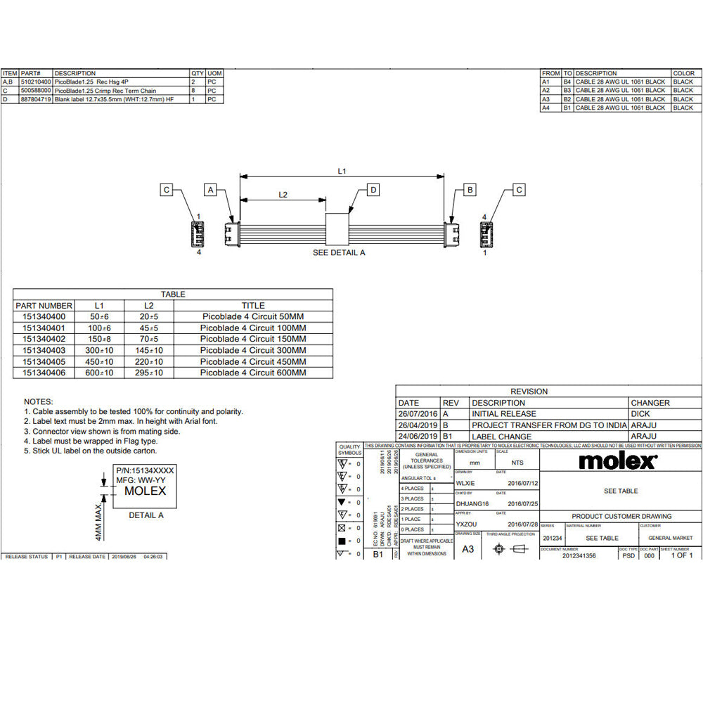 Molex151340400 Plug Connector Wire 4P WTB Female to PicoBlade Female Cable Assembly
