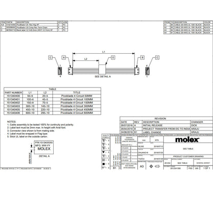 Molex151340400 Plug Connector Wire 4P WTB Female to PicoBlade Female Cable Assembly